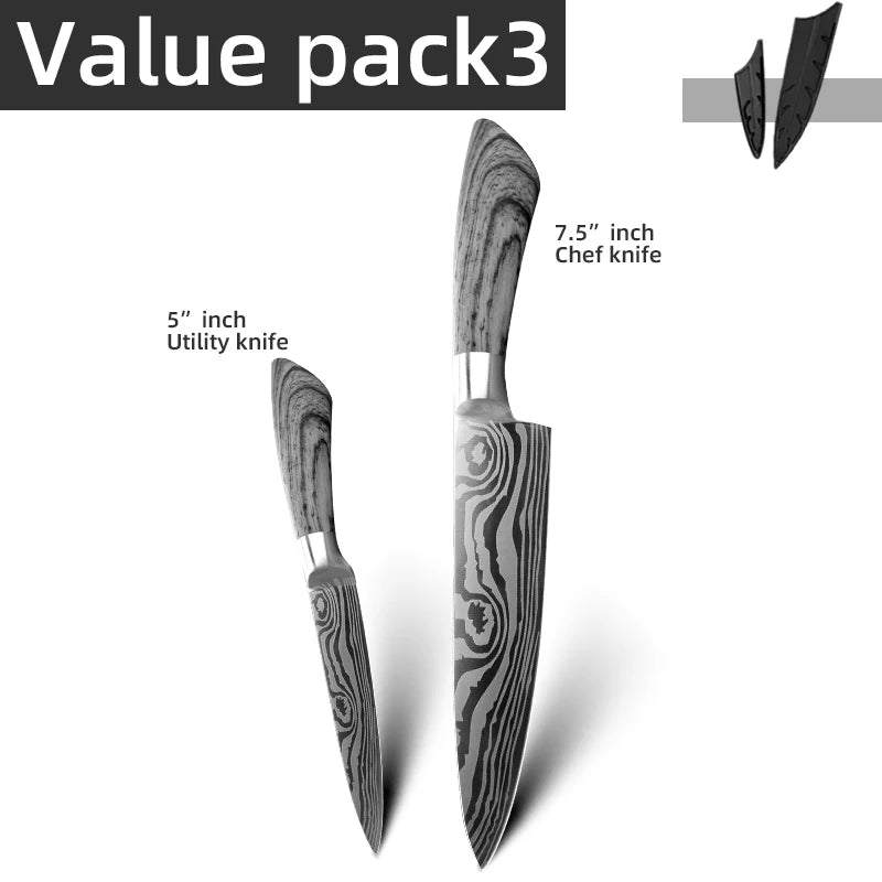 Ensemble de couteaux Santoku japonais en acier inoxydable Motif de Damas 