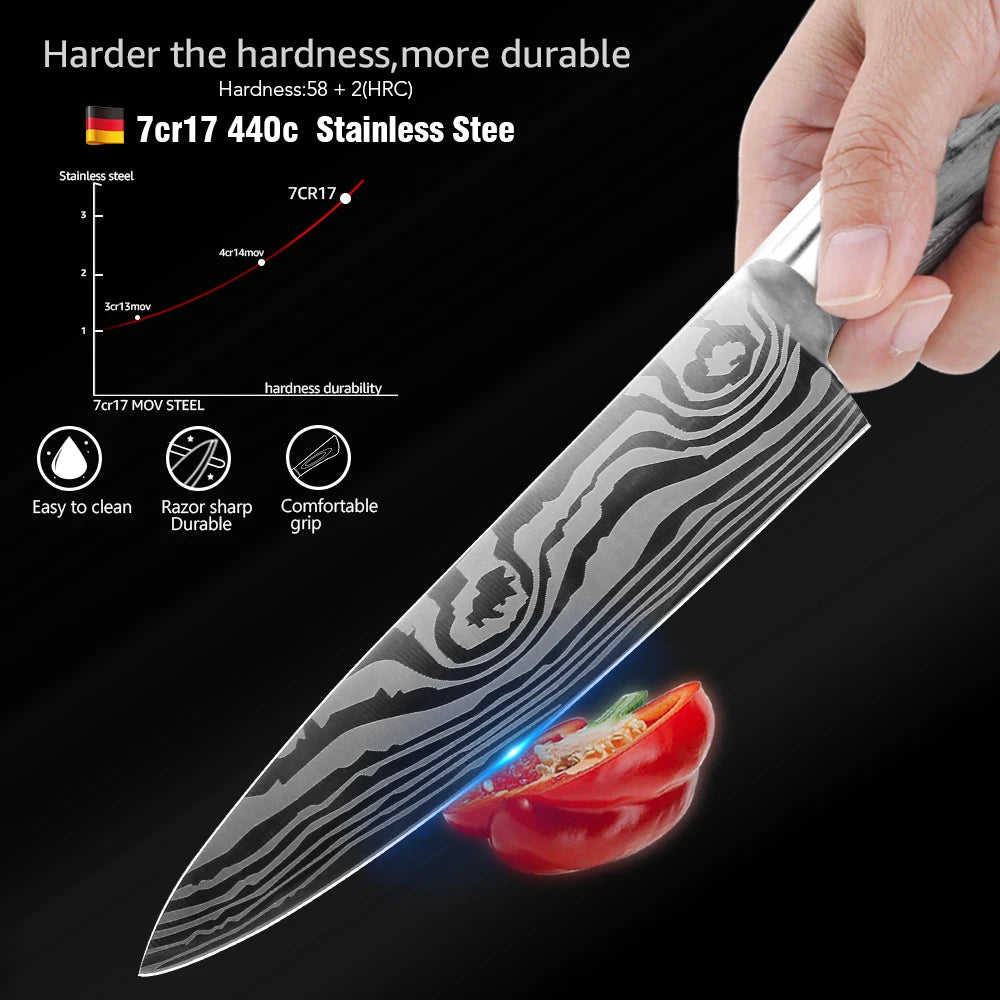 Ensemble de couteaux Santoku japonais en acier inoxydable Motif de Damas 
