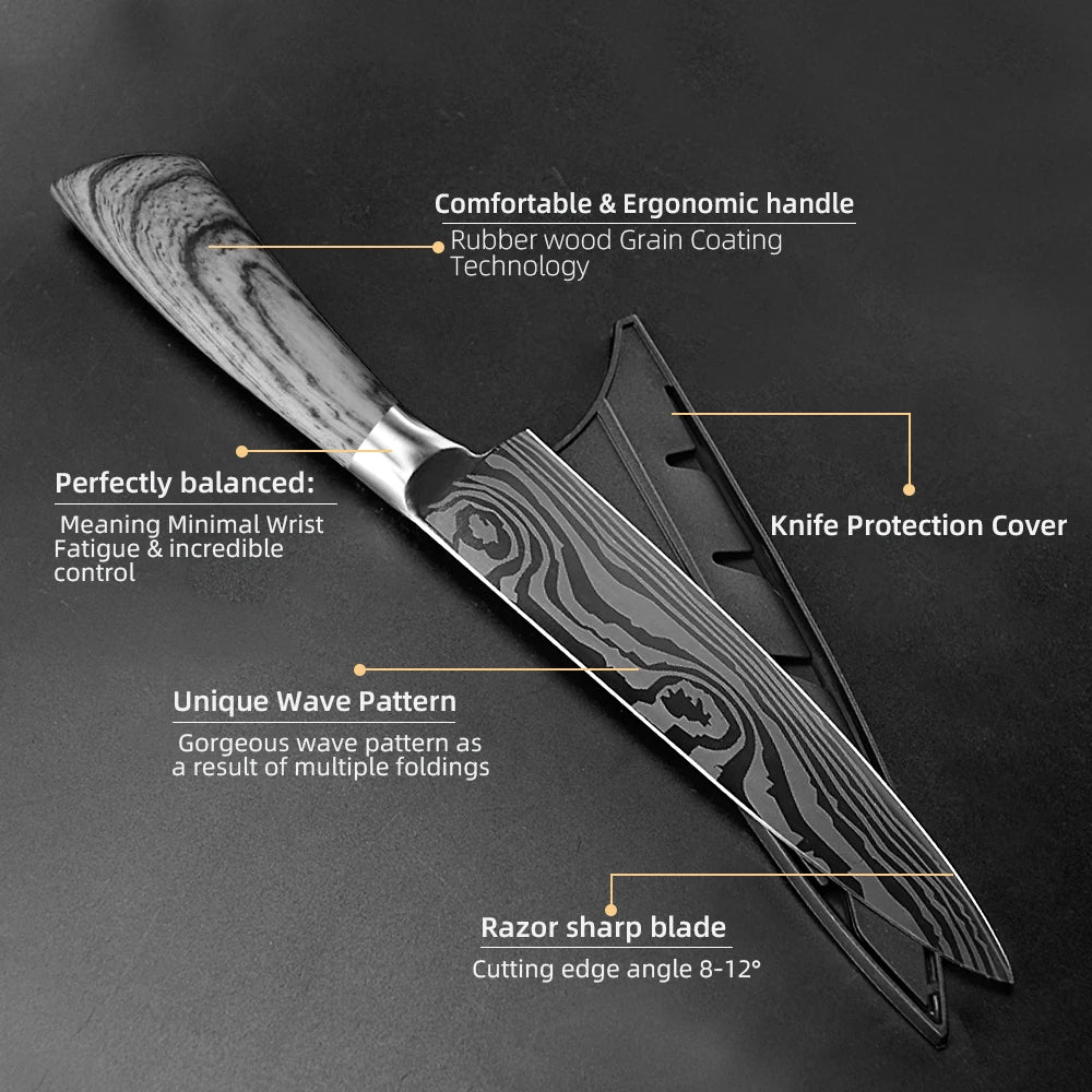 Ensemble de couteaux Santoku japonais en acier inoxydable Motif de Damas 