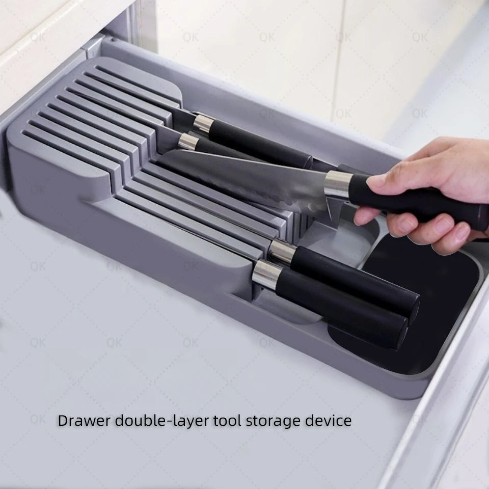 Adjustable Knife Drawer Organizer Non-Slip Dividers Durable Cutlery Storage Box Space-Saving Kitchen Cabinet Utensil Organizer