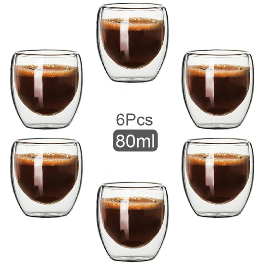 Double Walled Glass Coffee Mugs Glass Mug Double Wall Cappuccino Cocoa Milk Cups, 2.7Oz of Set 6 Coffee Tea Mugs, Clear Glasses