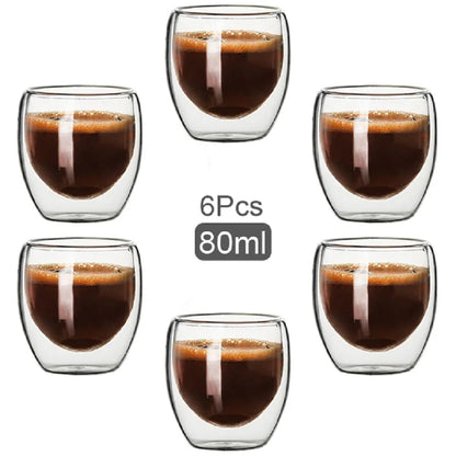 Double Walled Glass Coffee Mugs Glass Mug Double Wall Cappuccino Cocoa Milk Cups, 2.7Oz of Set 6 Coffee Tea Mugs, Clear Glasses