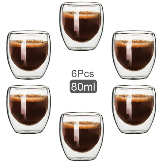 Double Walled Glass Coffee Mugs Glass Mug Double Wall Cappuccino Cocoa Milk Cups, 2.7Oz of Set 6 Coffee Tea Mugs, Clear Glasses