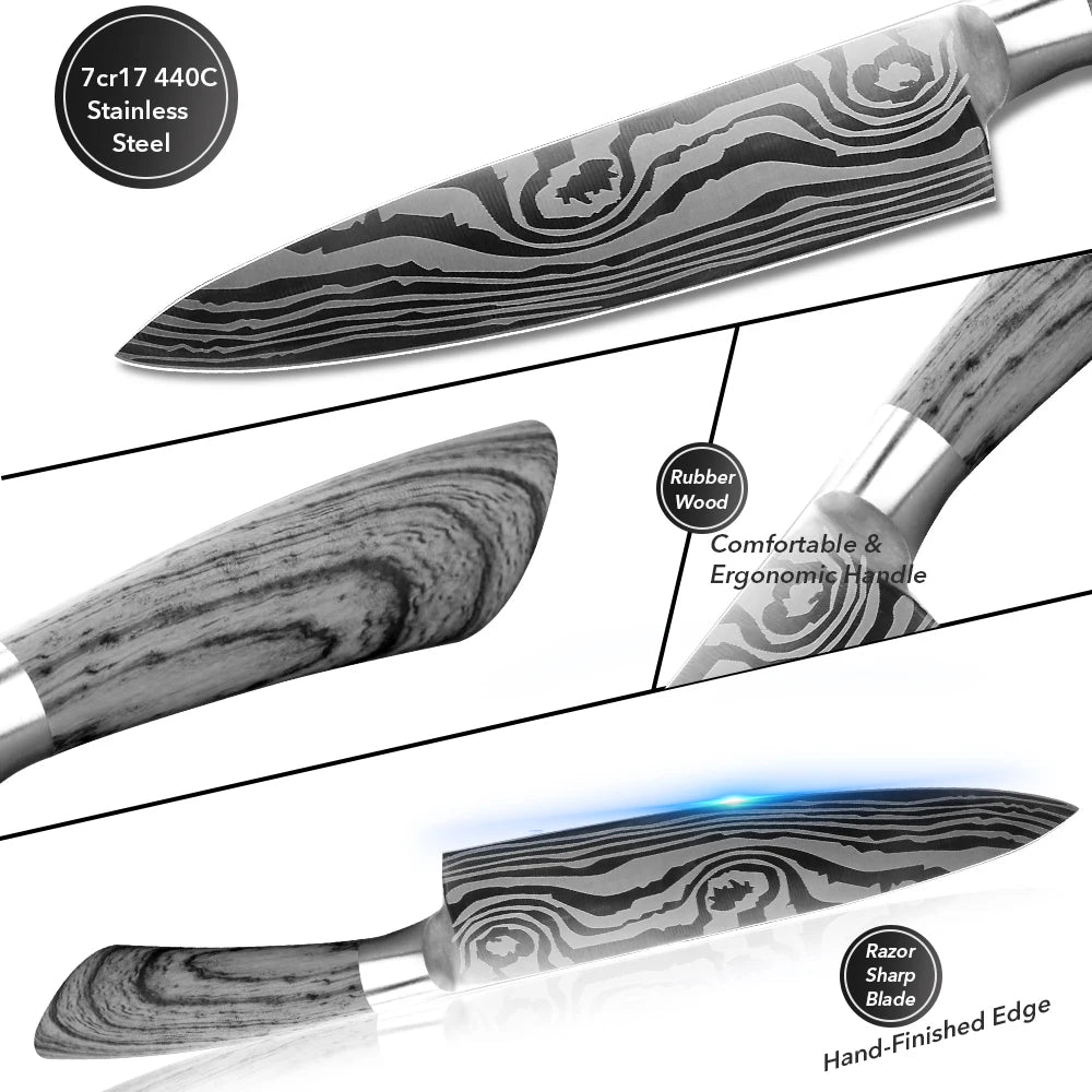 Ensemble de couteaux Santoku japonais en acier inoxydable Motif de Damas 