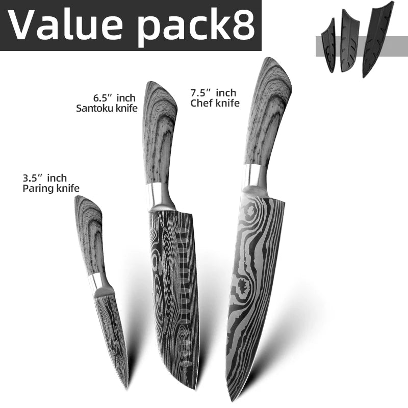Ensemble de couteaux Santoku japonais en acier inoxydable Motif de Damas 