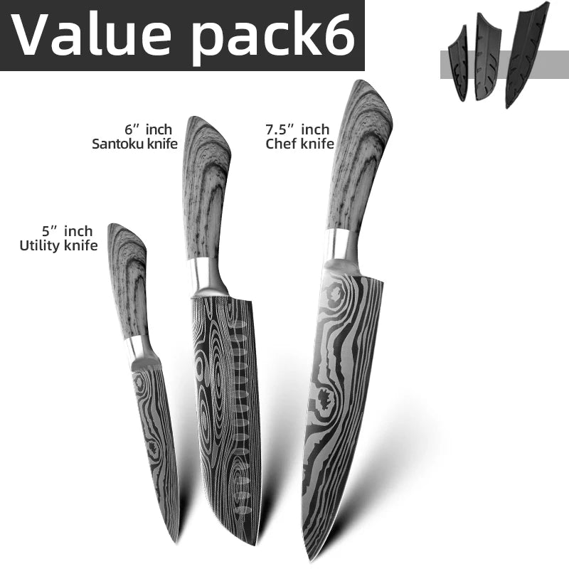 Ensemble de couteaux Santoku japonais en acier inoxydable Motif de Damas 