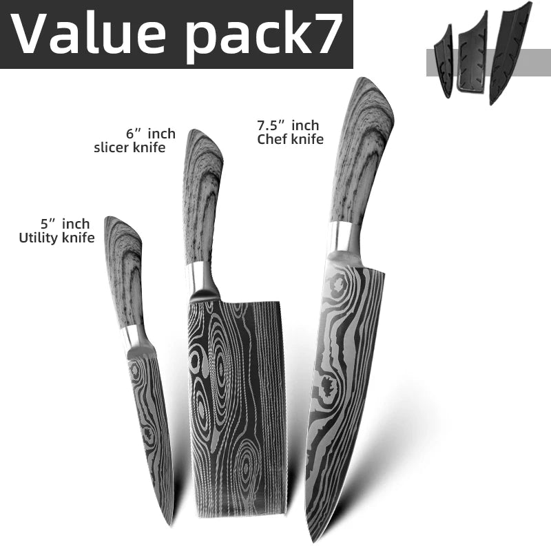 Ensemble de couteaux Santoku japonais en acier inoxydable Motif de Damas 