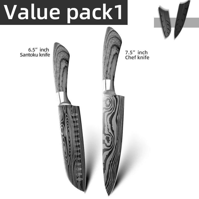 Ensemble de couteaux Santoku japonais en acier inoxydable Motif de Damas 
