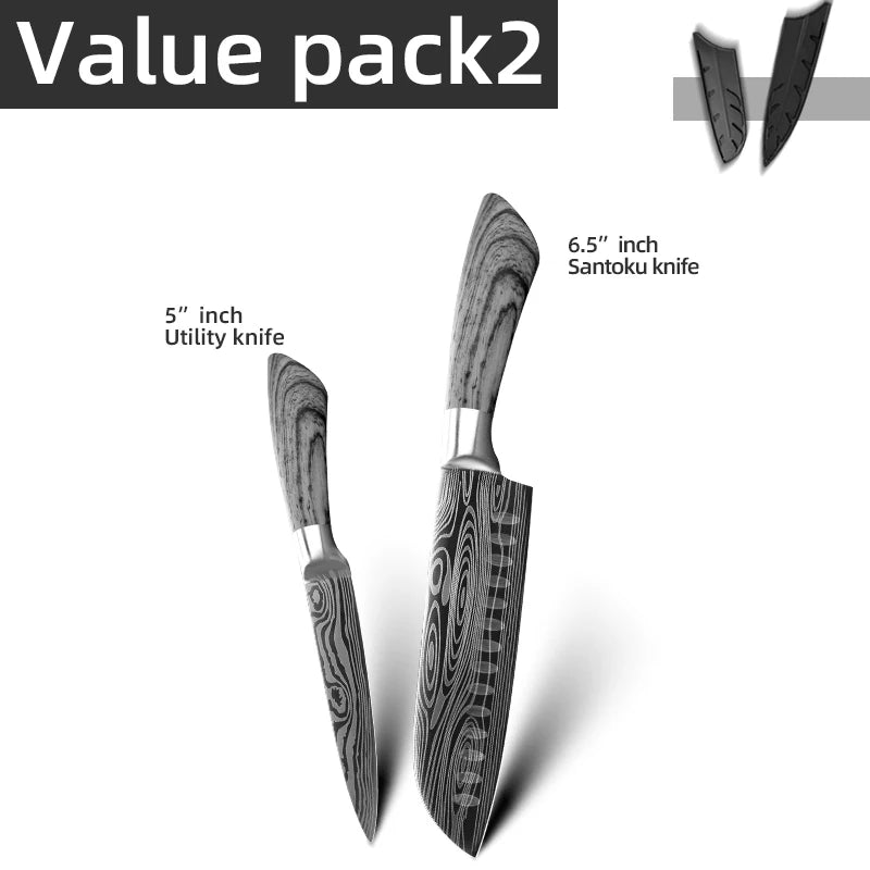Ensemble de couteaux Santoku japonais en acier inoxydable Motif de Damas 