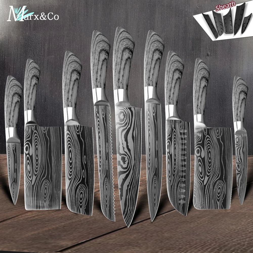Ensemble de couteaux Santoku japonais en acier inoxydable Motif de Damas 