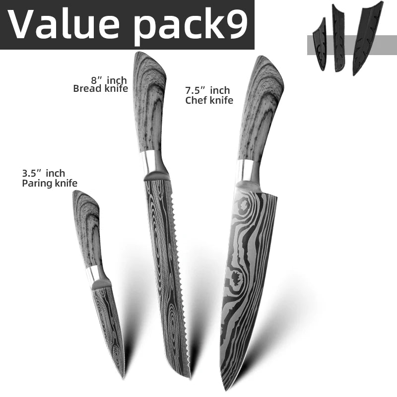 Ensemble de couteaux Santoku japonais en acier inoxydable Motif de Damas 